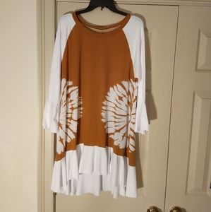 Sunburst,Tan & White,long-sleeve ruffle top (Plus)